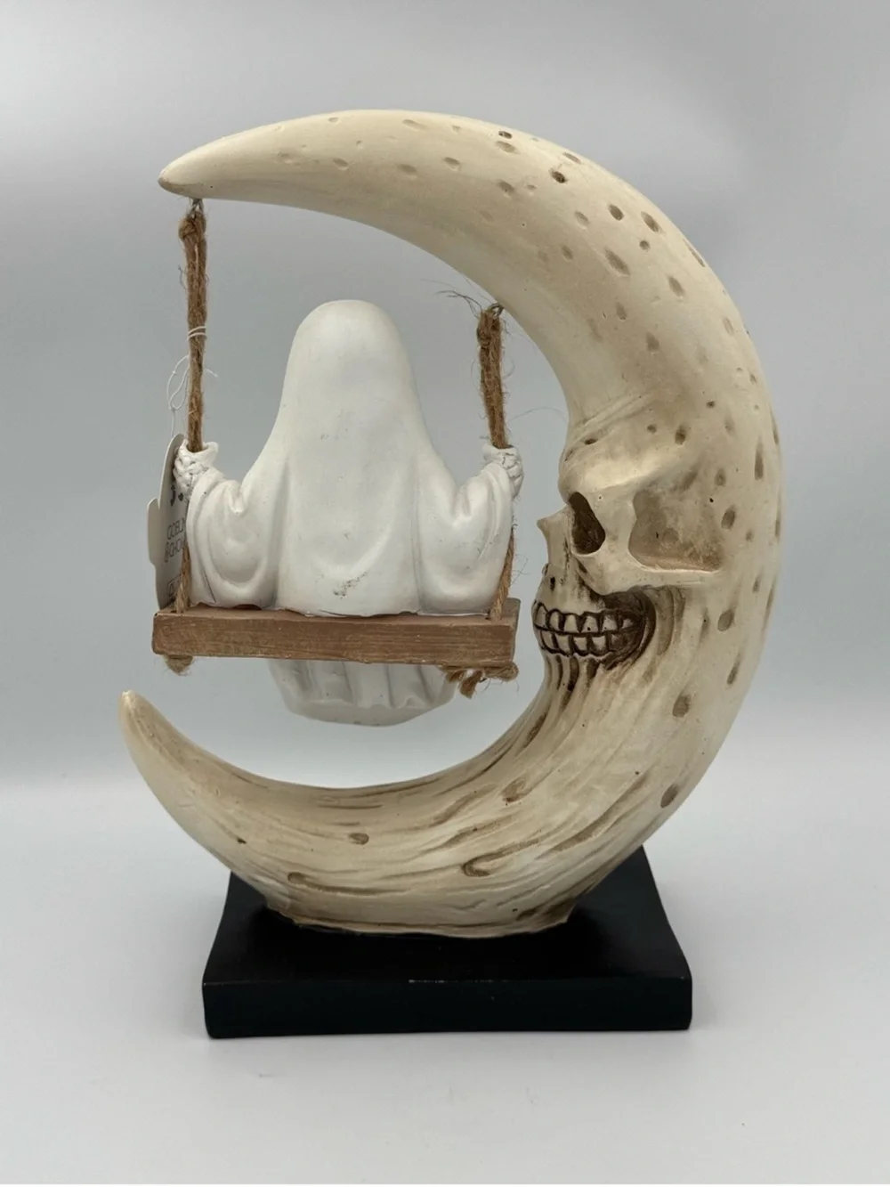 Ghost on Crescent Moon Figurine - White & Tan Halloween Decor